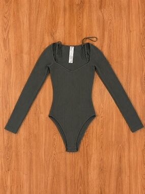 Zara Ribbed Bodysuit Dark Gray Tie Shoulder Long Sleeve Stretch XS/S